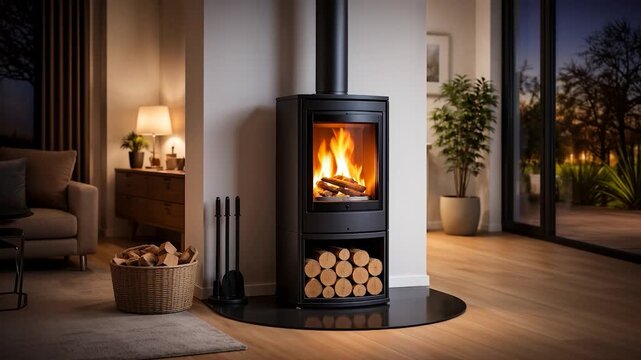 Modern black wood burning stove with burning fire in a cozy elegant living room.