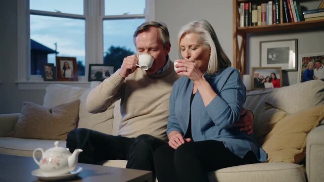 Sipping senior couple in sweater, cardigan on sofa sharing tea, woman reaching teacup with teapot