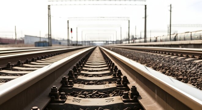 Close- Up View of Parallel Railroad Tracks with Overhead Electric Wires and Signal Light