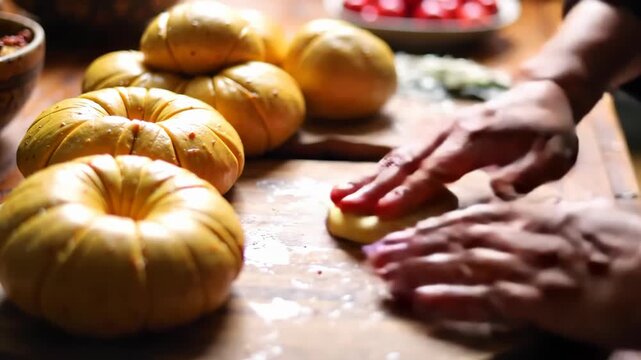 Skilled hands meticulously preparing traditional festive sweets like Puran Poli, kneading dough with expertise in a rustic kitchen setting under soft