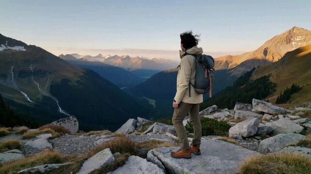 Stepping hiker in beige parka on ridge, wind lifting hood, fixing pack, viewing peaks, copy space