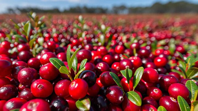 Cranberries growing. Red cranberry grows on a bog among green moss. Sunny autumn day. Vaccinium oxycoccos berries plantation farming. Lingonberry. Close-up of a bush of berry with green leaves.