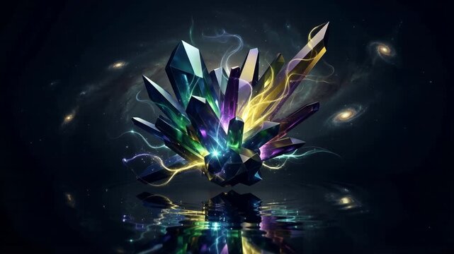 A majestic multicolored crystal cluster glows vibrantly in deep space, surrounded by nebulae and galaxies, reflecting on rippling cosmic water