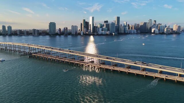 Sunset Skyline At Miami In Florida United States. Sunset City Skyline. Downtown Landscape. Summer Travel. Sunset Skyline In Florida United States. Highrise Buildings.