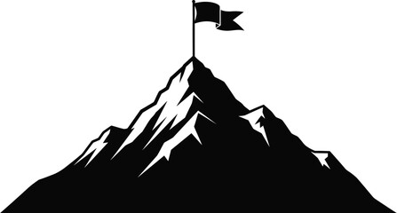 Mountain peak silhouette with flag on top, symbolizing achievement and adventure in a simple black and white illustration