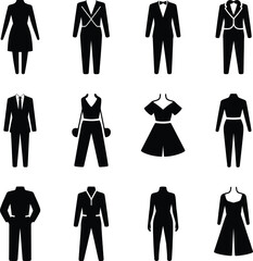 Vector Illustration Featuring 3x4 Grid of Black Silhouette Icons of Dresses Suits Tuxedos Jumpsuits and Formal Outfits