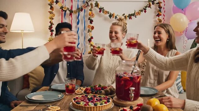 Happy diverse friends celebrating together with drinks and fruit tart
