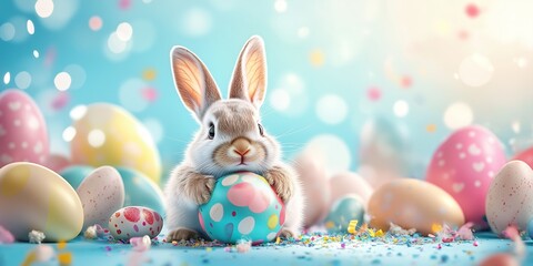 Baby rabbit inside cracked eggshell on soft pink background, dreamy spring celebration concept for invitations and posters.