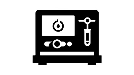 Flat black glyph icon of hydrogen purity analyzer machine with screen and syringe on white background for science and technology