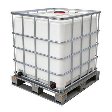 Large plastic IBC container with metal cage and pallet base, isolated on transparent background.