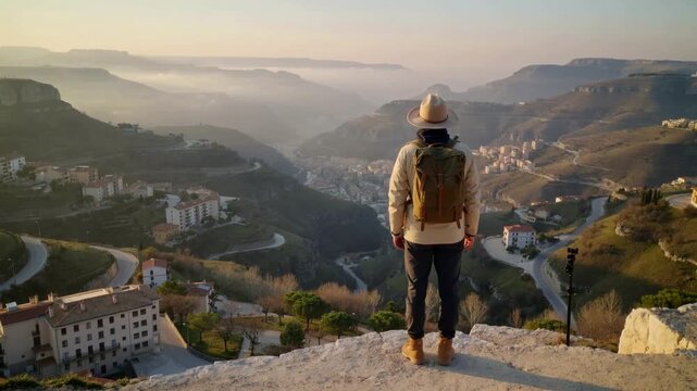 Standing male hiker reaching cliff edge, scouting winding roads and town below with backpack, hat