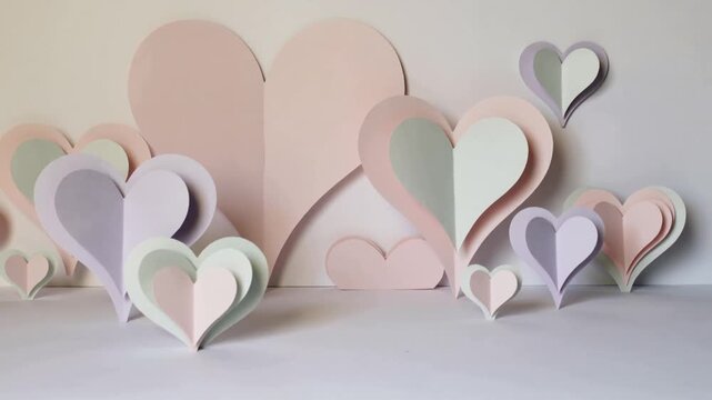 Panning camera responding to subtle framing shifts in studio, showing pastel paper hearts on table