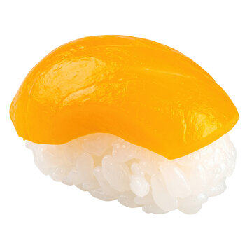 A piece of delicious japanese egg nigiri sushi, professionally isolated on a bright white studio background