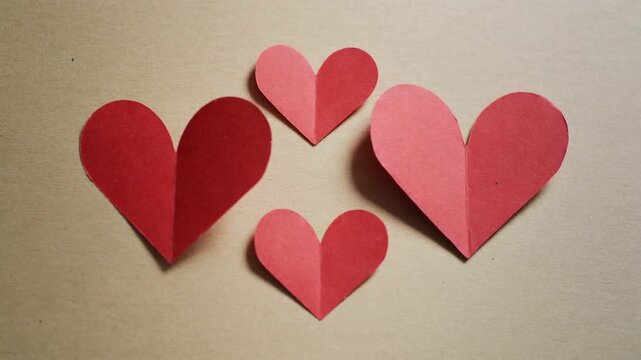 Shifting light casting shadows on beige sheet, highlighting four folded paper hearts' creases