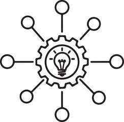 Innovative gear with light bulb center connected to multiple nodes isolated on white background, illustration