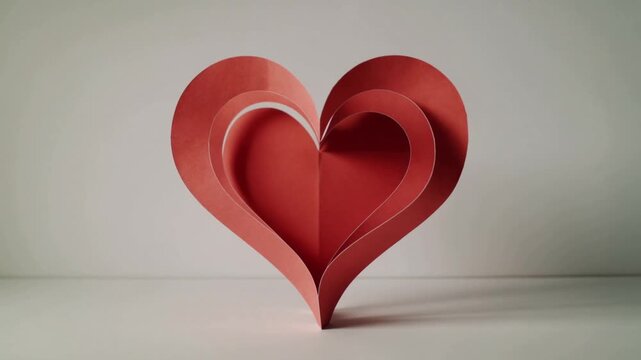 Recording red folded-paper heart sculpture staying centered on flat tabletop, casting soft shadow