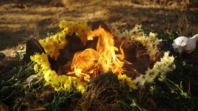 Flames burn inside a flower-lined stone circle during Mayan ritual in Guatemala