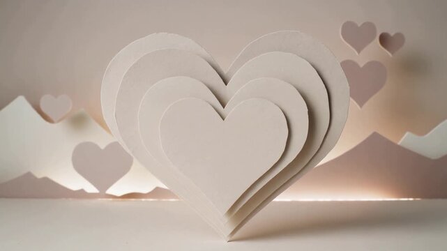 Moving camera shifting LED showing stacked layered paper hearts on tabletop set to show layers