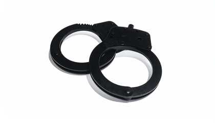 Black metal handcuffs on white background symbolizing crime justice and law enforcement with neutral presentation.