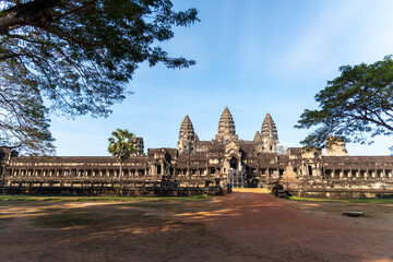Angkor Wat, Cambodia, A wide overview of the front of the temple with trees