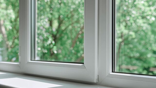 New plastic PVC window with white metal frame installed at modern house, city street urban view. Typical installation of insulated glazing windows. uPVC frame high thermal insulation values in room