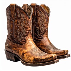 Pair of Stylish Brown Leather Cowboy Boots with Embroidered Floral Design on a White Background.