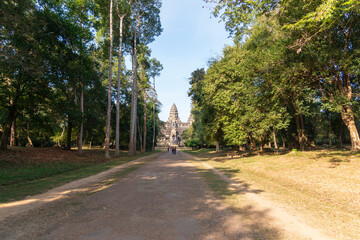 Angkor Wat, Cambodia, tourists arriving at the temple along the main path
