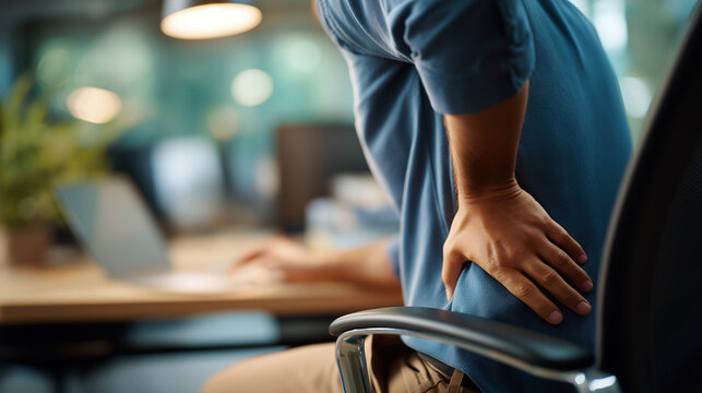 Hand reaching to touch lower back in pain gesture person experiencing muscle discomfort from prolonged sitting office syndrome with back pain demonstration shown clearly