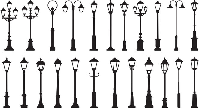 A large collection of black silhouette street lamps and ornate lampposts with varying styles and sizes