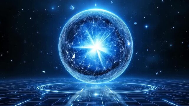 Blue plasma sphere containing a bright energy core pulsing over a futuristic grid in outer space