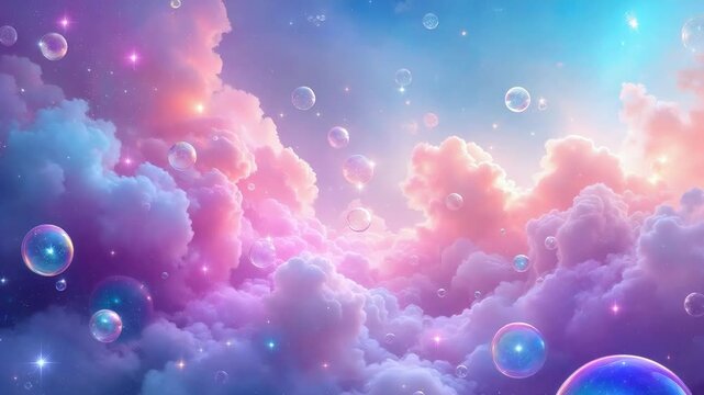 Floating bubbles drift through a beautiful, surreal sky filled with pink and purple fantasy neon clouds