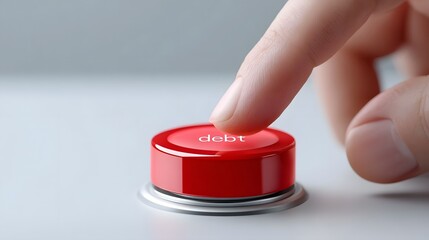 Close up of a human finger ready to push a prominent red button with the word  debt  embossed on its surface suggesting a moment of financial crisis risk or a significant economic choice