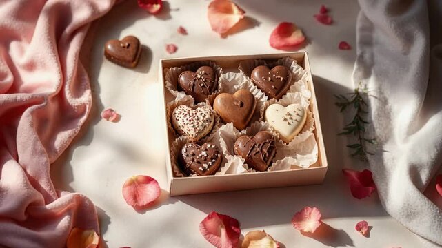 Gift box of assorted heart shaped chocolates and rose petals on a table for Valentines day