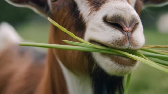 Close Up Macro Shot Of Goat Eating Green Fodder In Seamless Video Loop