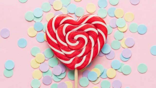 Sweet red and white heart shaped lollipop lying on a pastel pink background with colorful confetti