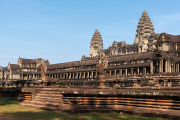 Angkor Wat, Cambodia, A wide overview of the front of the temple with grand steps