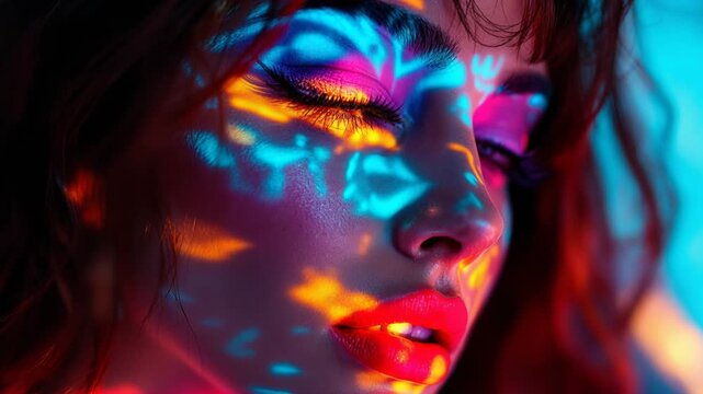 Woman face with creative makeup in a colorful bright neon light, with abstract patterns on her skin
