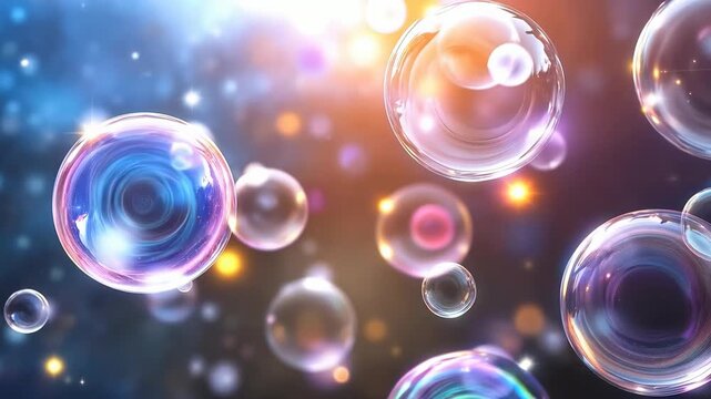 Beautiful iridescent neon soap bubbles floating in slow motion against a dreamy, sparkling light