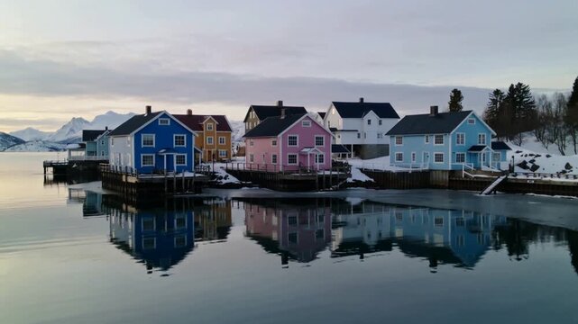 Sliding camera tightening view, revealing row of six colorful stilt houses with mirror reflections