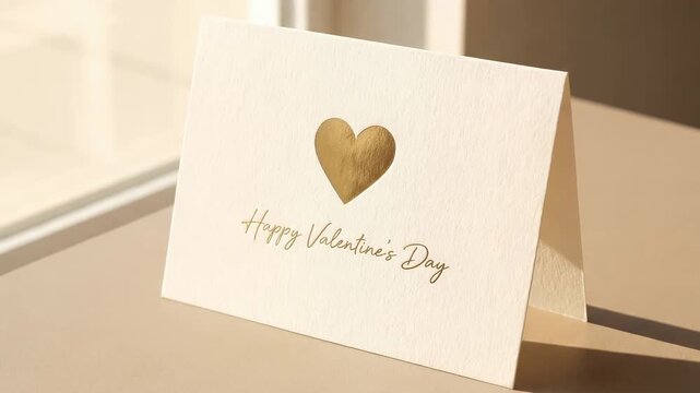 Romantic greeting card with golden heart and text standing on a table in the sunlight