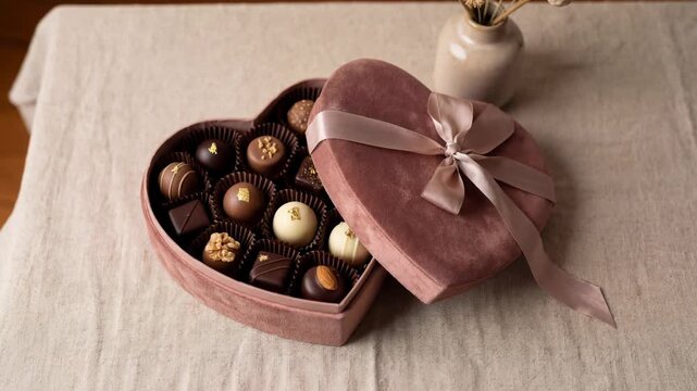 Romantic heart shaped velvet box with assorted gourmet chocolates sitting on a table