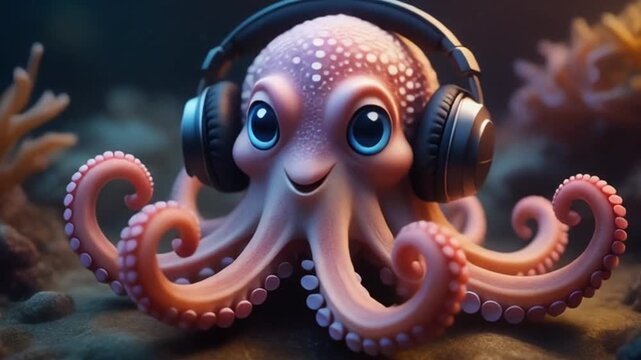 Cartoon octopus wearing headphones on the ocean floor surrounded by coral.