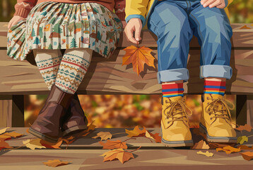 Charming illustration of a boy and girl sitting on a park bench in autumn. A close-up on their legs, cozy boots, and colorful fallen leaves.