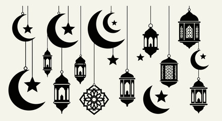 Fototapeta premium Islamic themed hanging lanterns and crescent moons with stars.