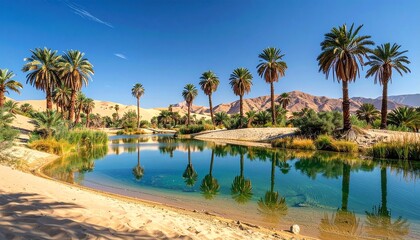 Oasis in the Desert with Palm Trees and Clear Water Under a Blue Sky.