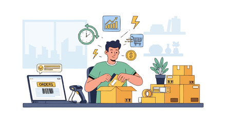 Illustration of a Man Fulfilling E commerce Orders for Rapid Delivery