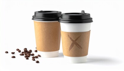 Takeaway Coffee Cups with Beans on White Background Morning Routine Coffee Break Still Life.