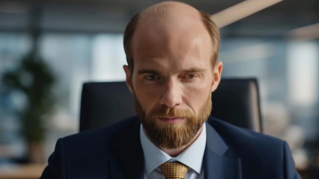 A close-up of a balding man's head showcasing the distinct pattern of hair loss alongside a well-groomed beard and an elegant suit in a professional office setting. cinematic color correction,