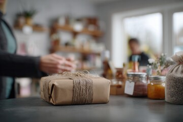 Small business owner preparing a rustic package wrapped in brown paper tied with twine for shipment
