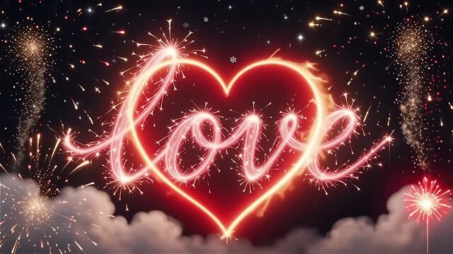 Sparkling Love Fireworks in Dark Sky Celebrating Romance and Joy with Bright Colors and Heart Shape in Night Background